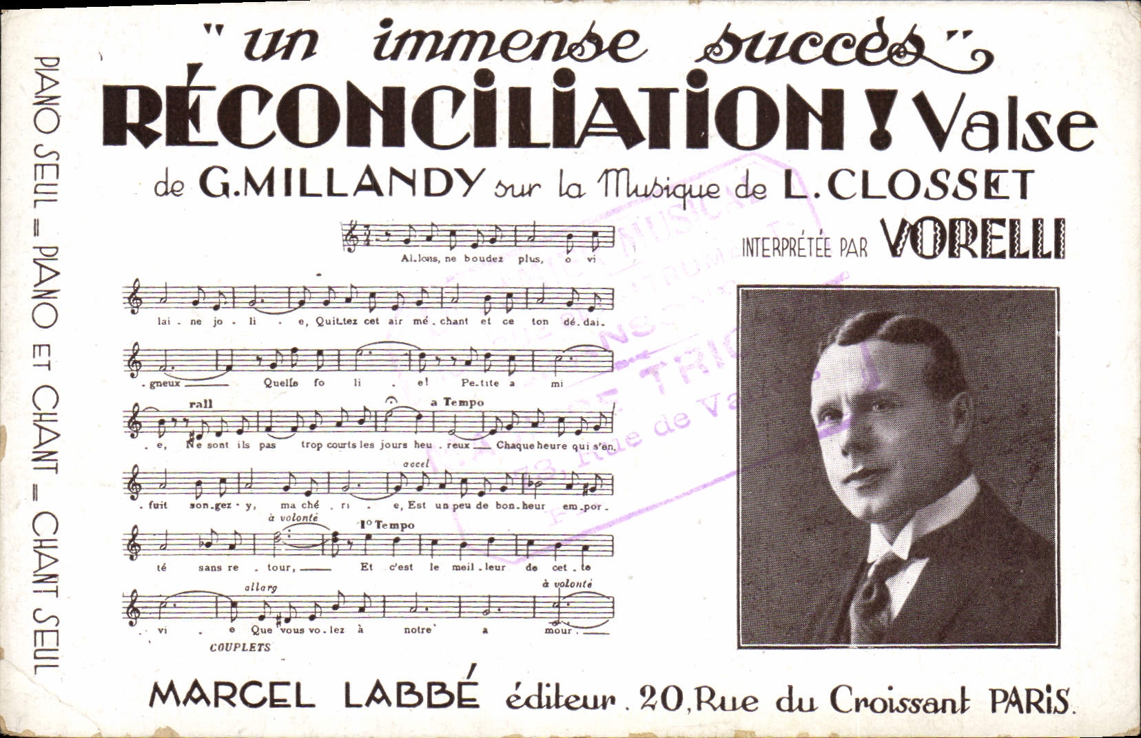 Vintage Postcard Reconcilation Waltzes Millandy Closset Vorelli Marcel Labbe Rue of the Paris Crescent