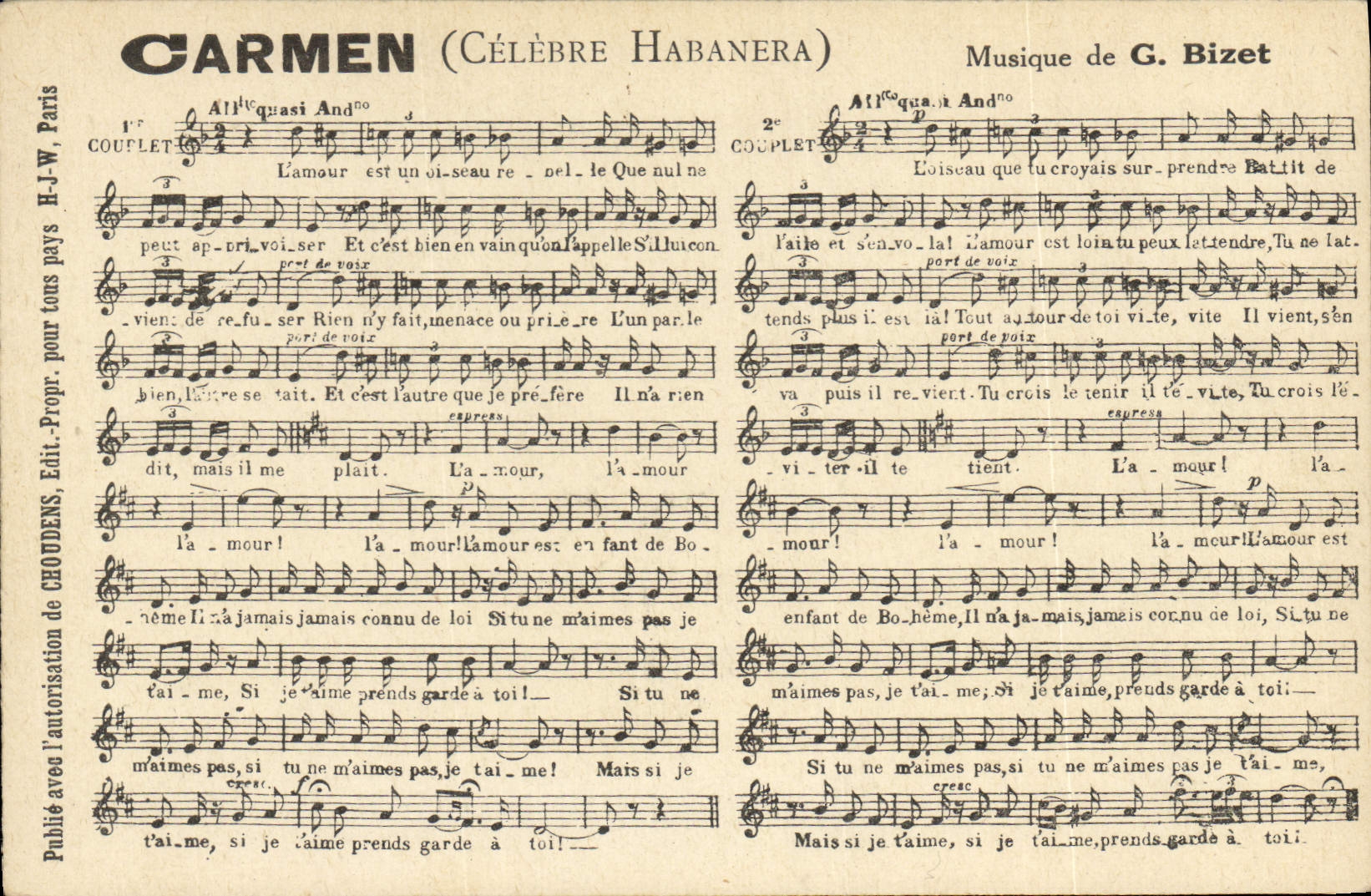 Postal Carmen Celebre Habanera Bizet