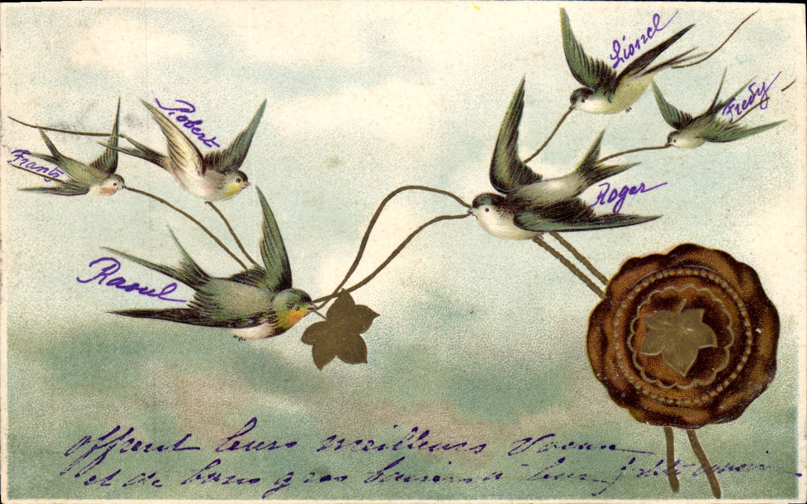 CPA Fantaisie Fleurs Hirondelles