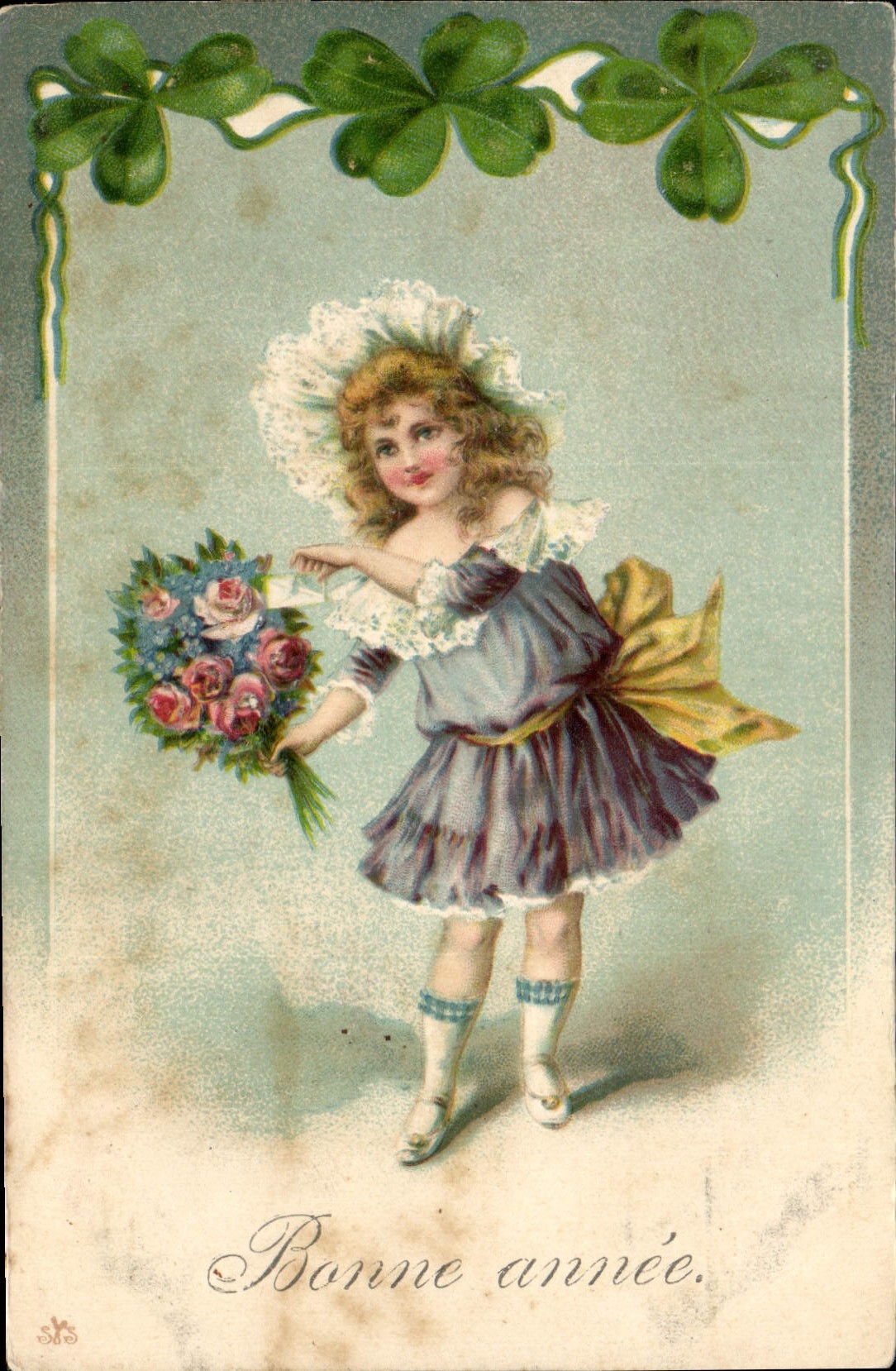 CPA Fantaisie Fleurs Enfant Bonne annee Trefle