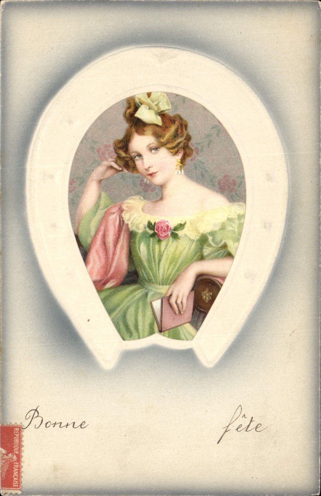Vintage Postcard Fantaisie Flowers Woman Horseshoe