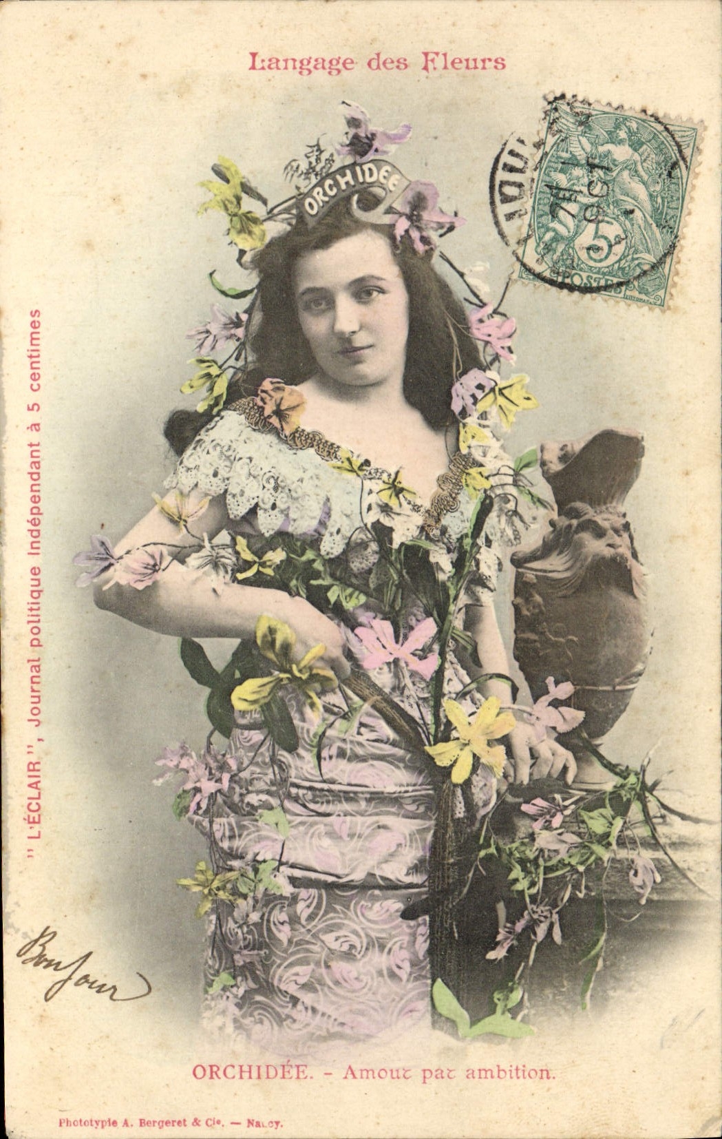 Vintage Postcard Fantasy Woman the language of the Flowers Orchis Love by ambition