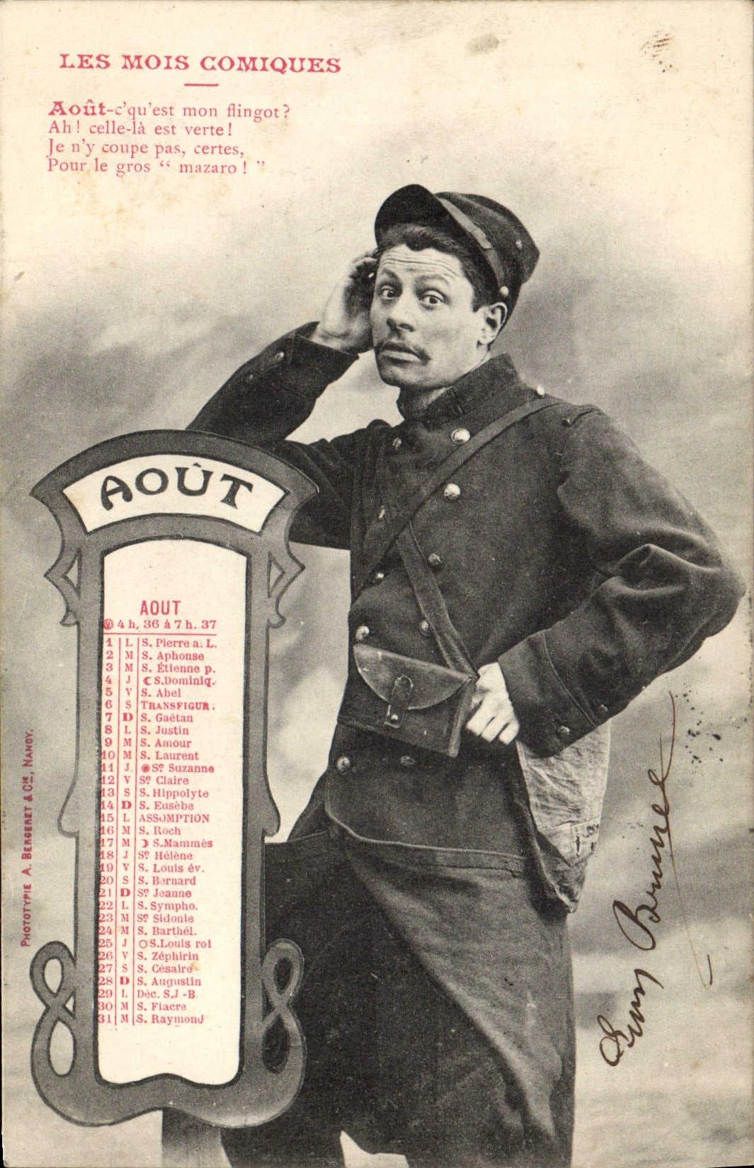 CPA Fantaisie Les mois comiques Aout Militaria