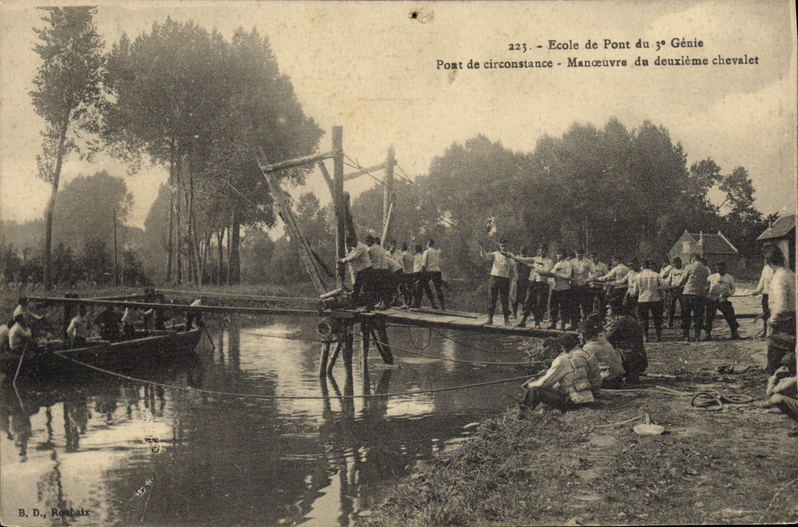Postal Militaria Escuela de puente de la 3.o Ingeniería Puente de circunstancia Maniobra de segundo Caballete