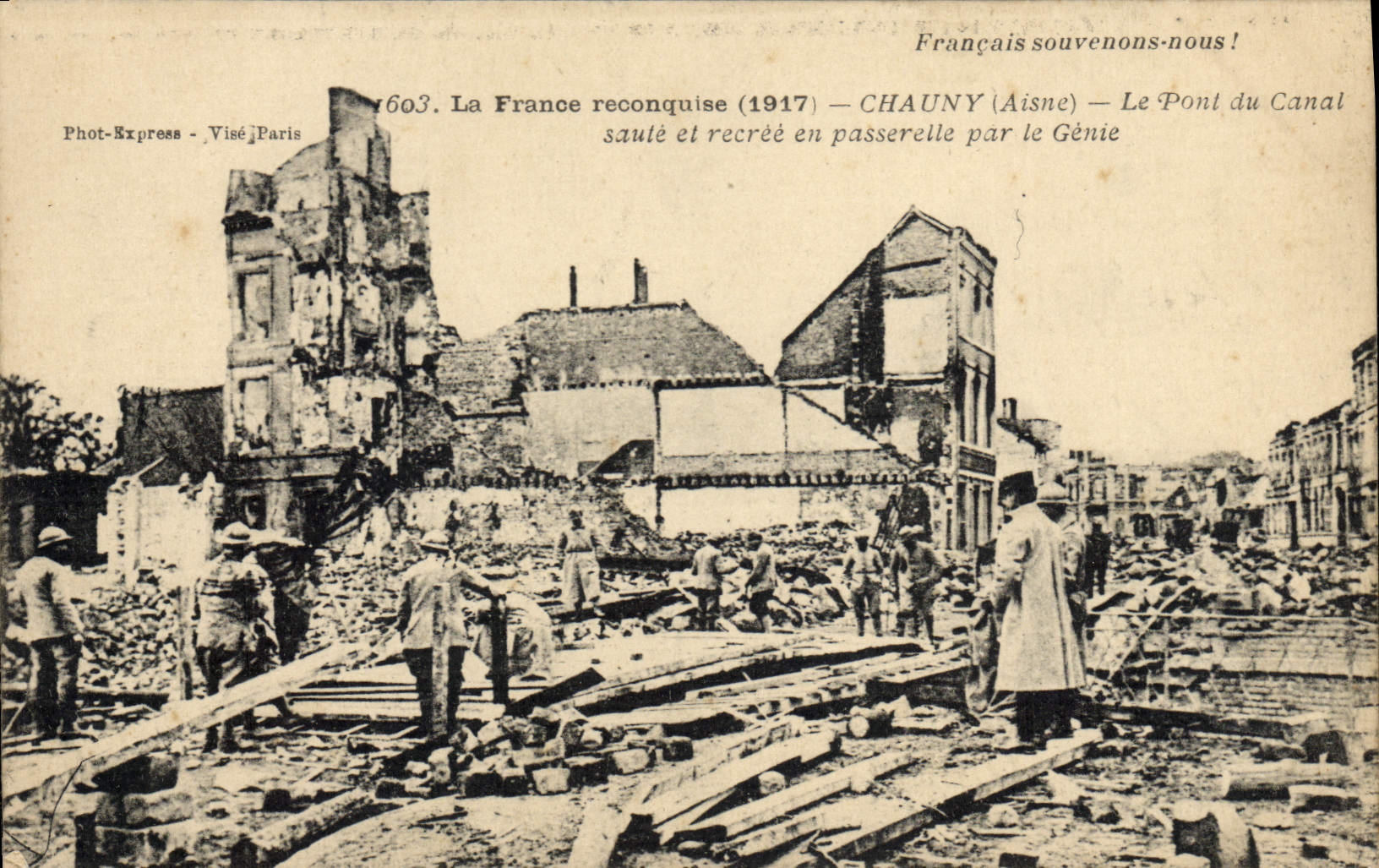 Vintage Postcard Militaria Chauny the bridge of the channel sasute and recreates in footbridge by the Genius