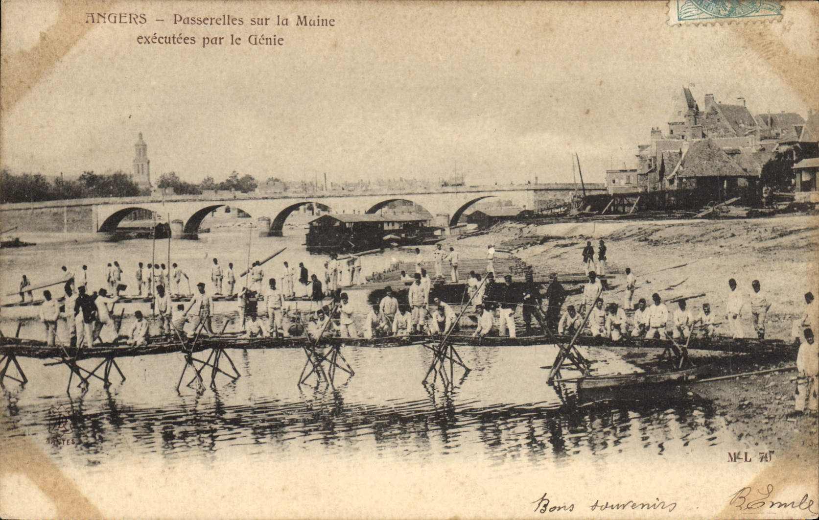 Vintage Postcard Militaria Angers Footbridges on Maine executees by the Genius