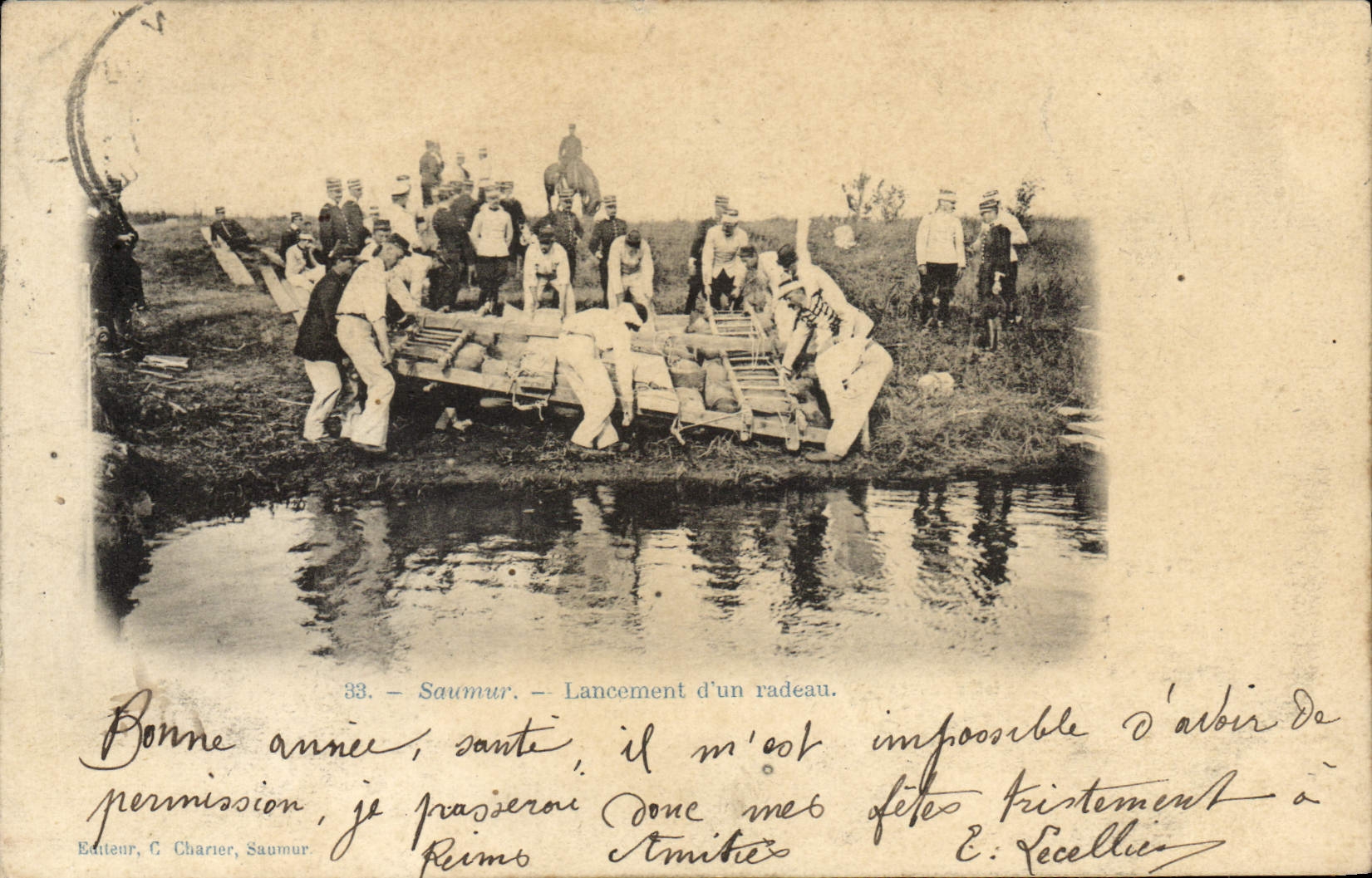Vintage Postcard Militaria Saumur Launching of a raft