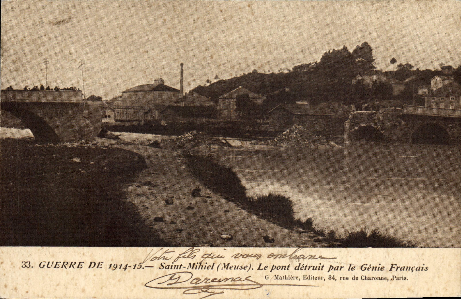 Vintage Postcard Holy Militaria Mihiel the bridge destroyed by the French Genius