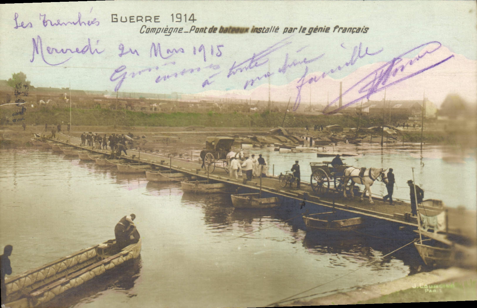 Vintage Postcard Militaria Compiegne Pont of boats installs by the French Genius
