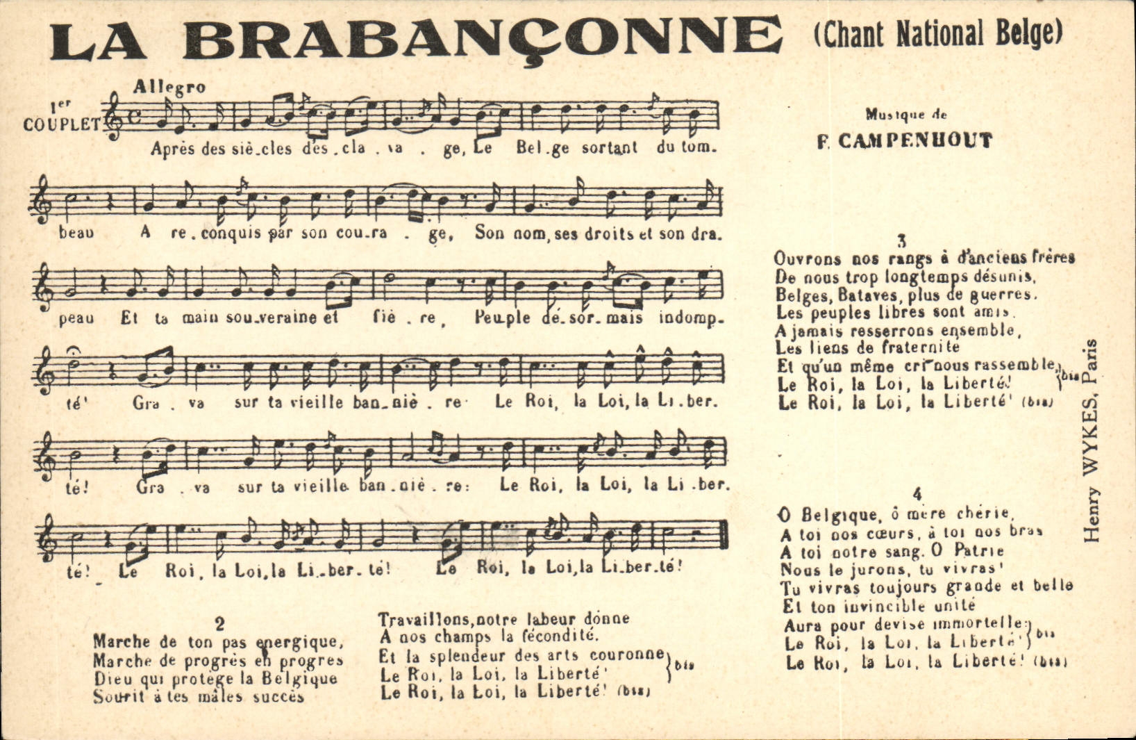 Vintage Postcard Brabanconne national Song Belgian Campenuout