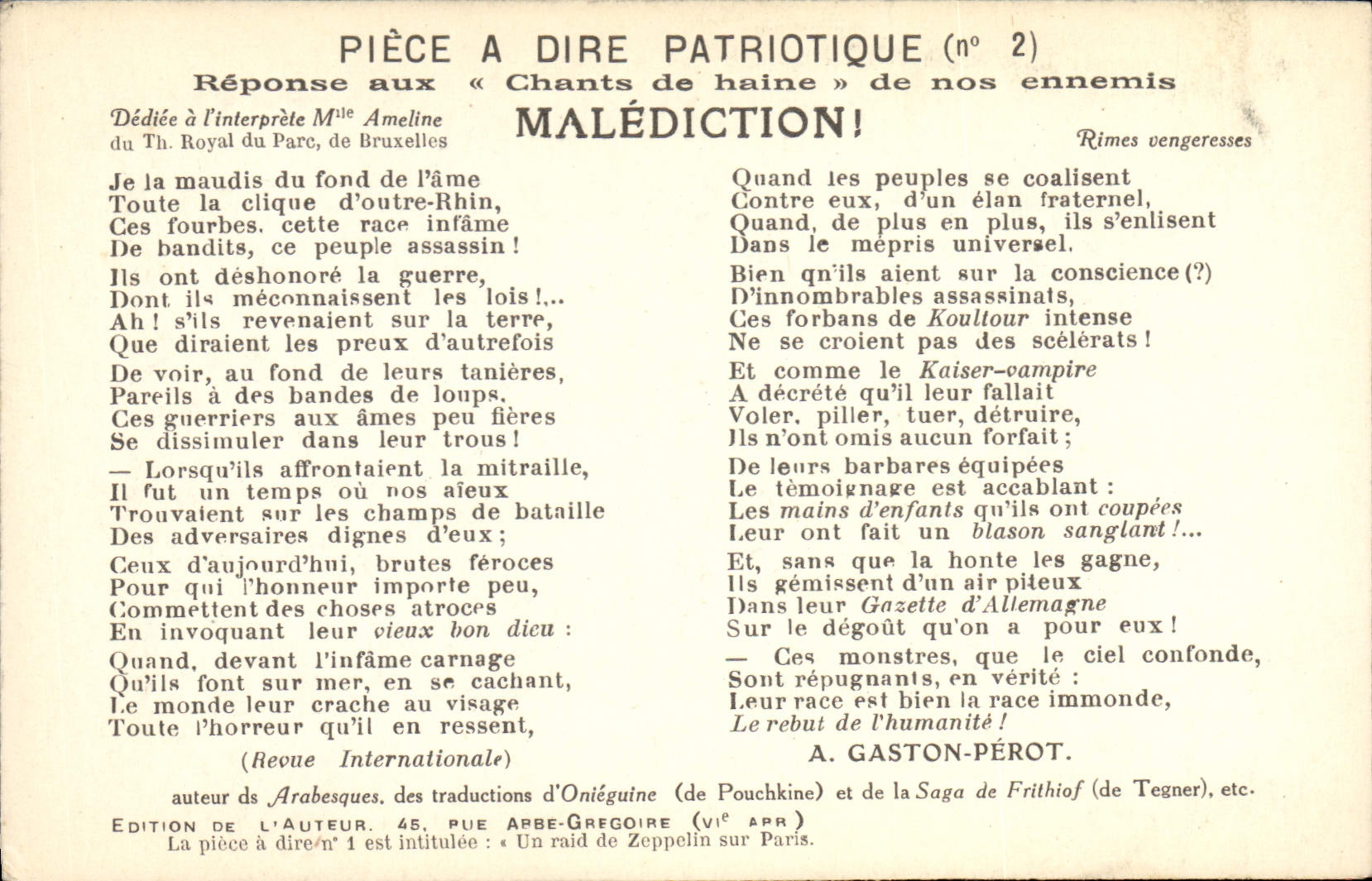 Vintage Postcard Piece has to say patriotic curse Miss Ameline Brussels