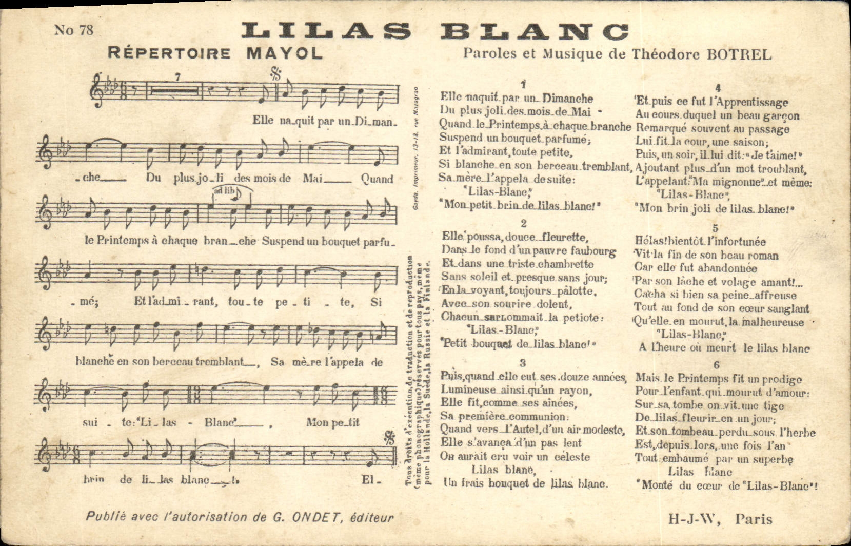 Vintage Postcard White Lilac Theodore Botrel