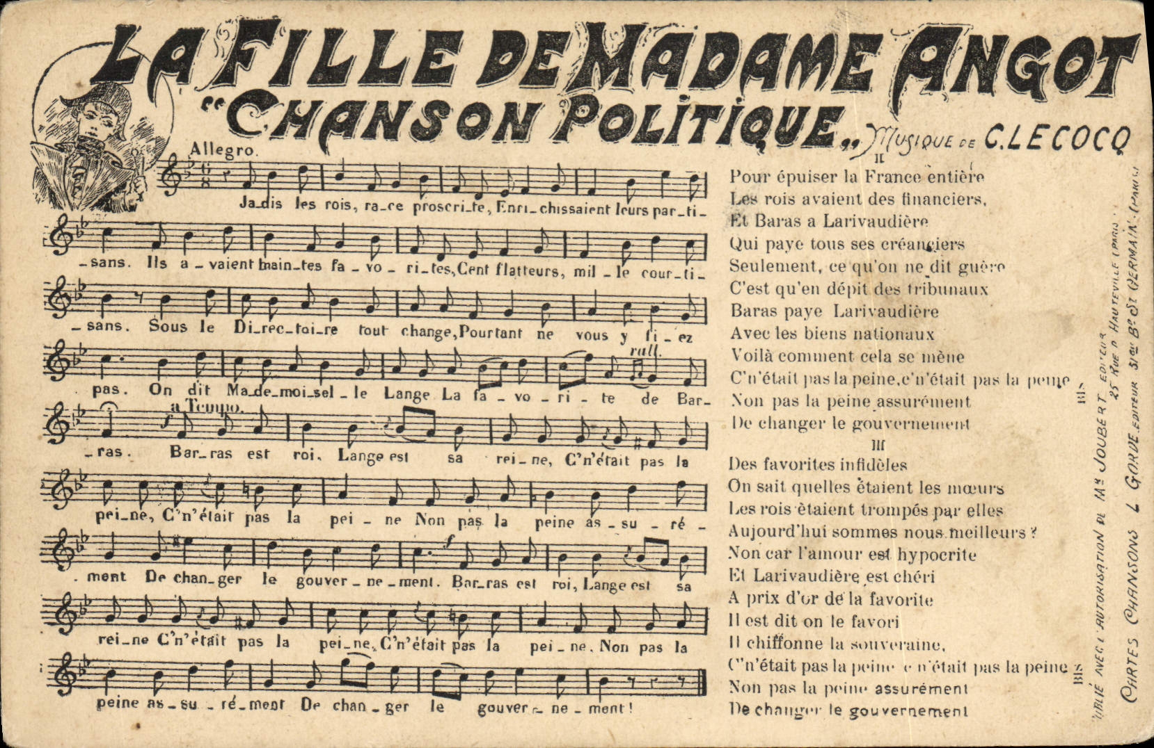 Vintage Postcard the girl of Mrs political Angot Song Lecocq