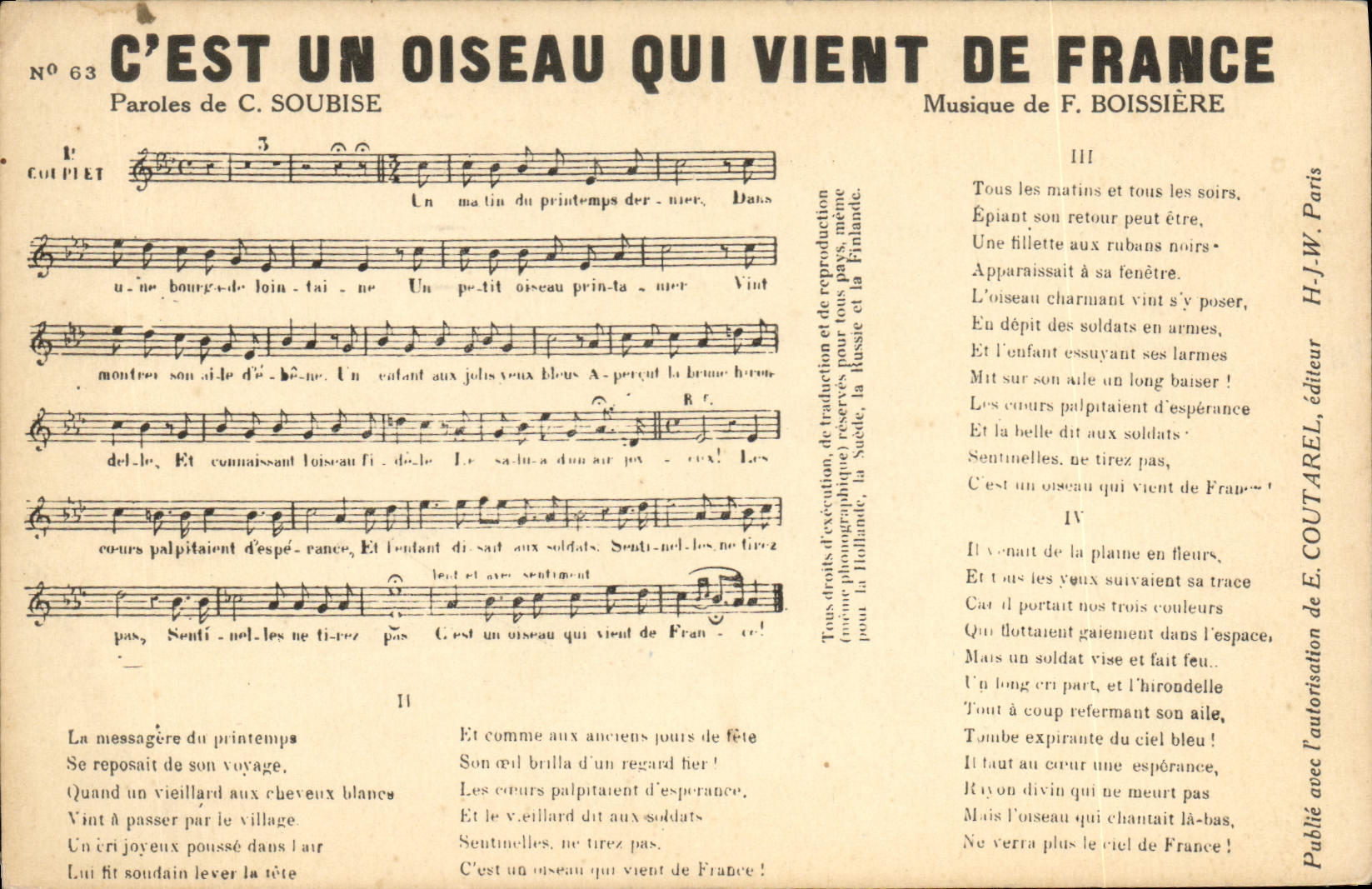 Postal es un pájaro que viene de Francia Soubise Boissiere