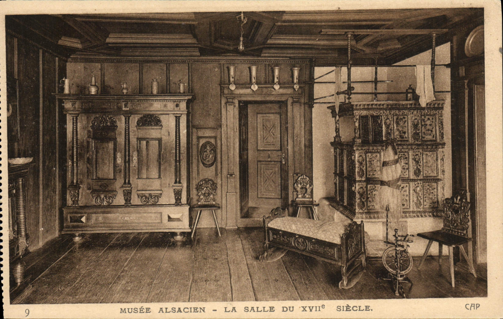 Postal Folclore Alsacia Vagada alsaciano la sala del 17.o