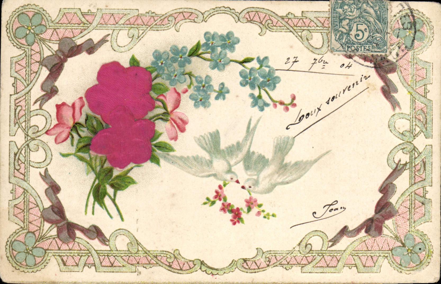 CPA Fantaisie Fleurs Colombe 