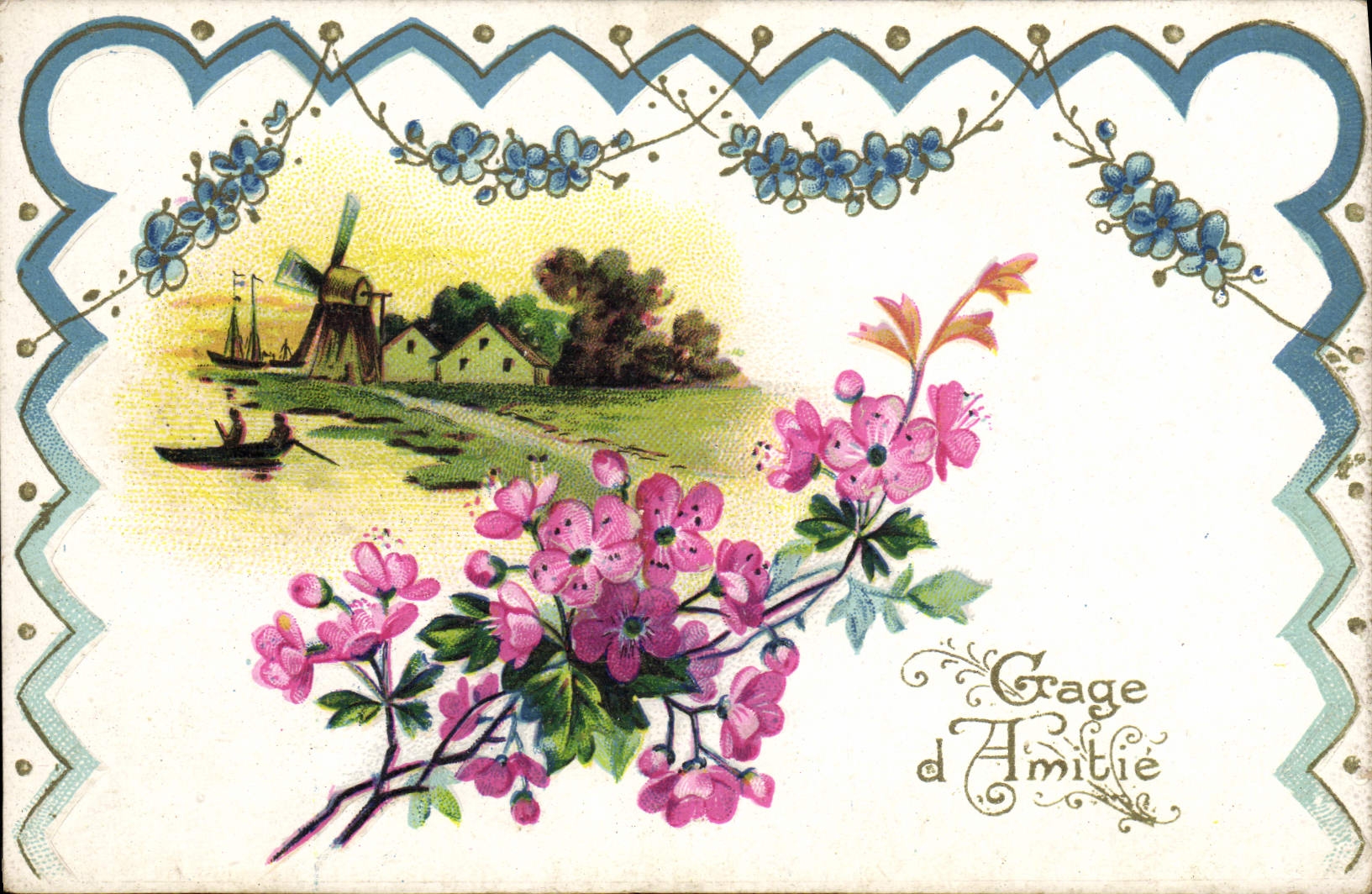 CPA Fantaisie Fleurs Moulin a vent 