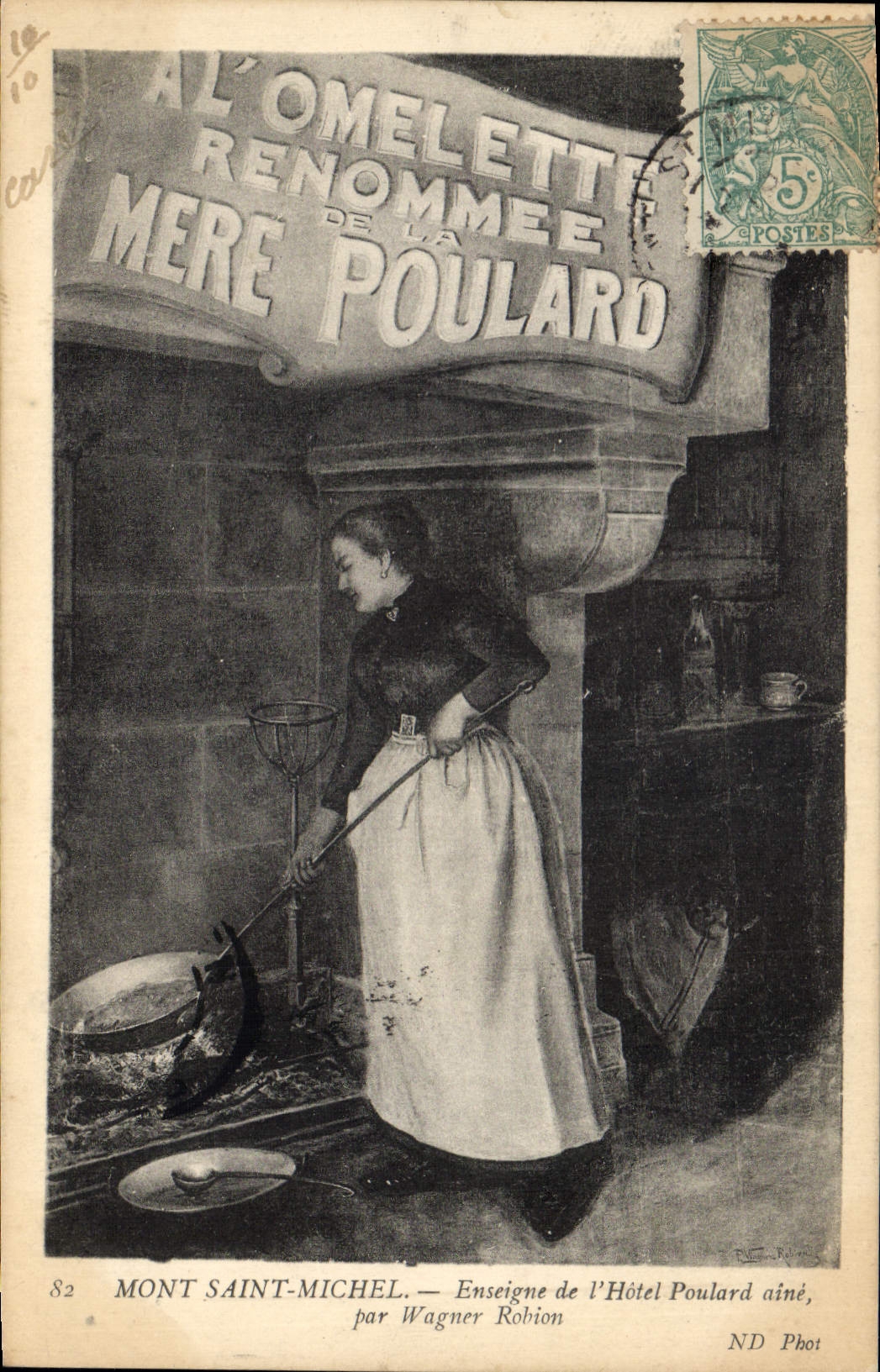 Postal Mont Saint Michel Signo del Hotel Redondillo Ingle por Wagner Robion Madre Redondillo Cocina