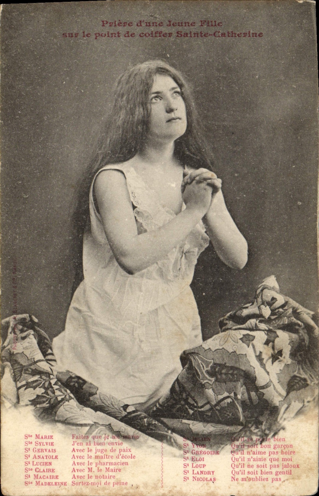 Vintage Postcard Fantasy Woman Prayer of an young girl about to cap Holy Catherine