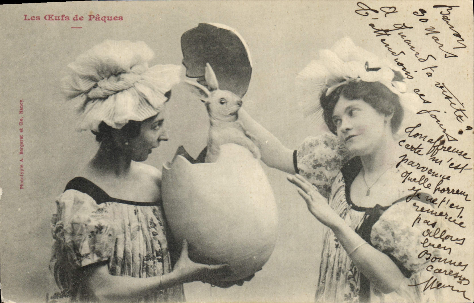 Vintage Postcard Fantasy Women Easter eggs Rabbit