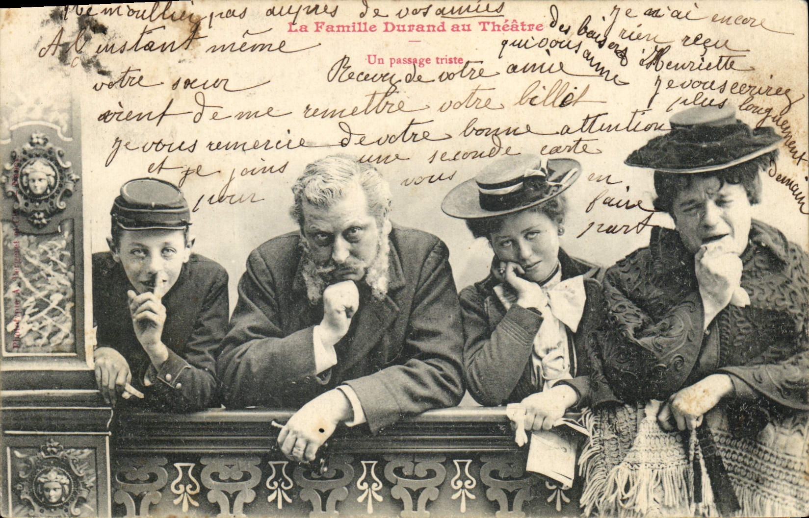 Vintage Postcard Fantasy Woman the family Durand with the theater a sad passage