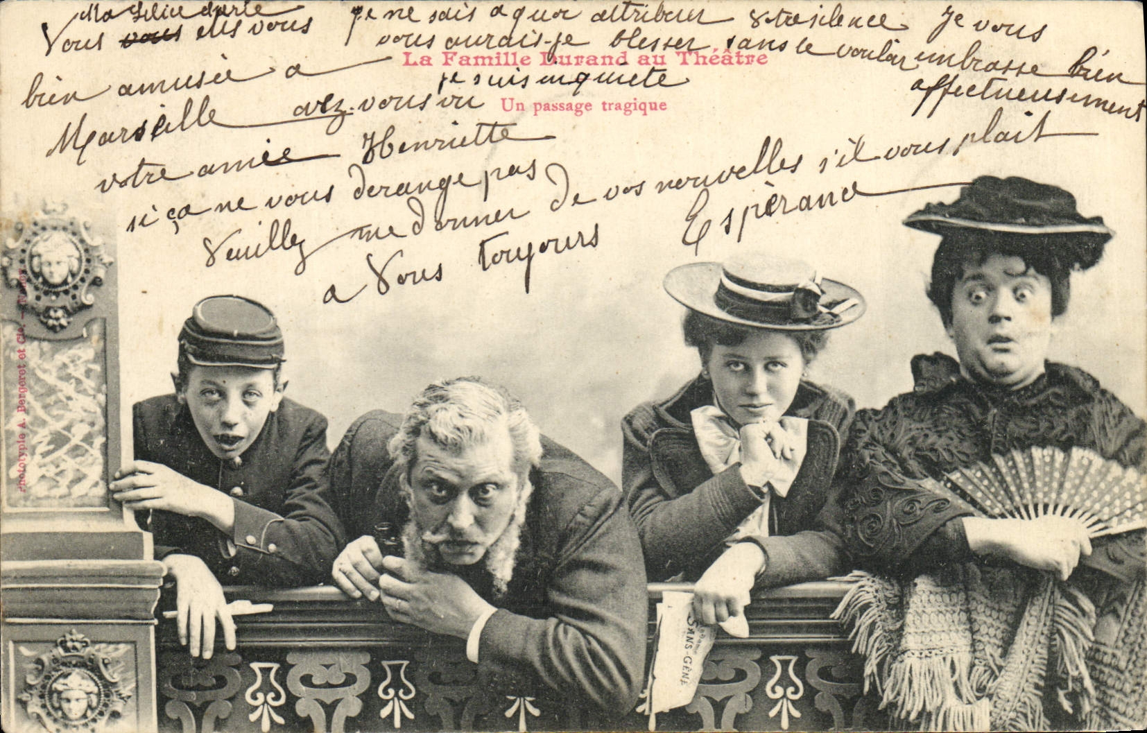 Vintage Postcard Fantasy Woman the family Durand with the theater a tragic passage
