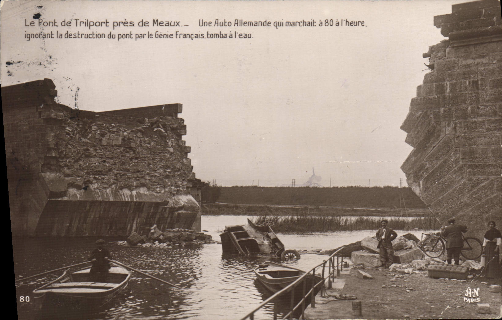 Vintage Postcard Militaria the bridge of Triport close to Meaux a German car fell has water