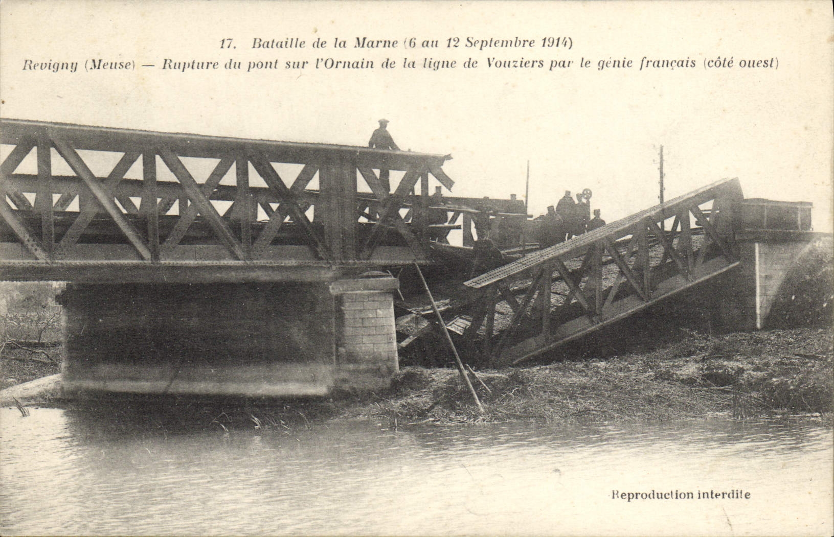Vintage Postcard Militaria Battles of the Marne Revigny Rupture of the bridge on Ornain of laigue of Vouziers by the French genius