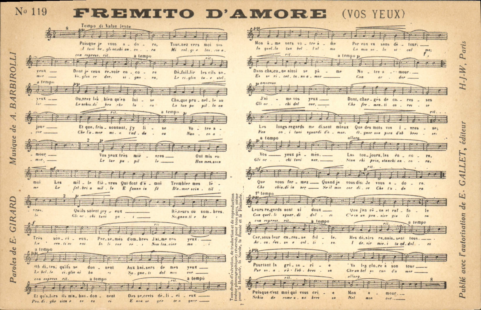 Vintage Postcard Fremito d' Amore Girard Barbirolli