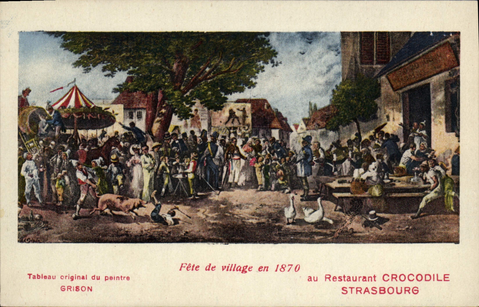 Vintage Postcard Village fête in 1870 Restaurant Strasbourg Crocodile
