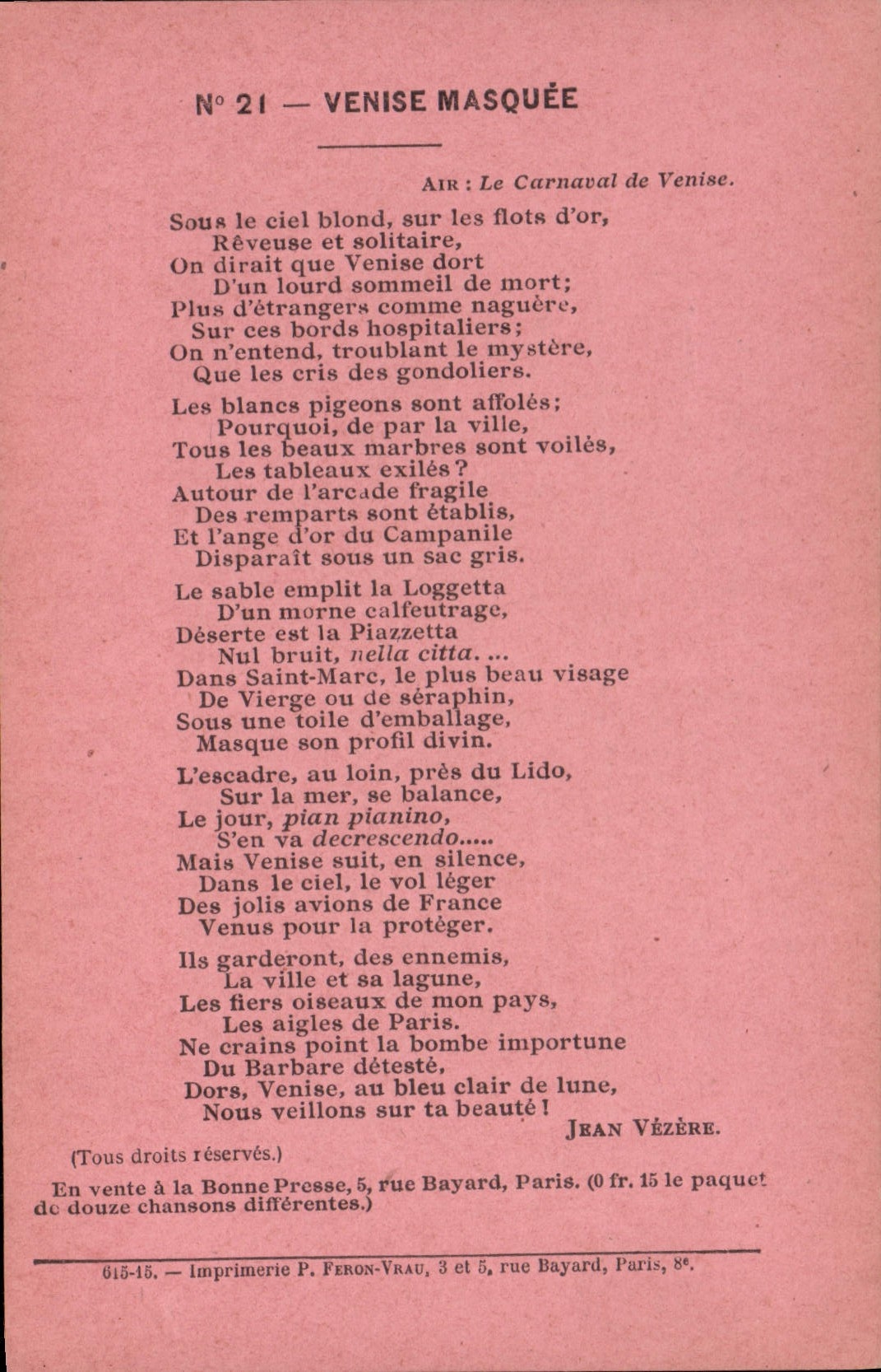 Vintage Postcard Venice masquee Jean Vezere