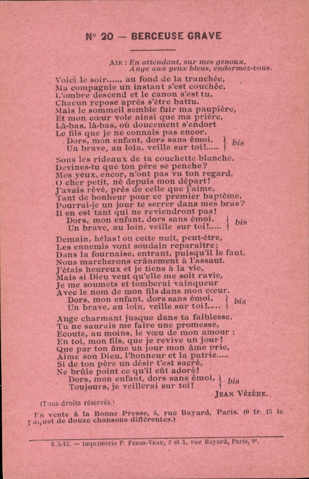 Vintage Postcard Lullaby serious Jean Vezere