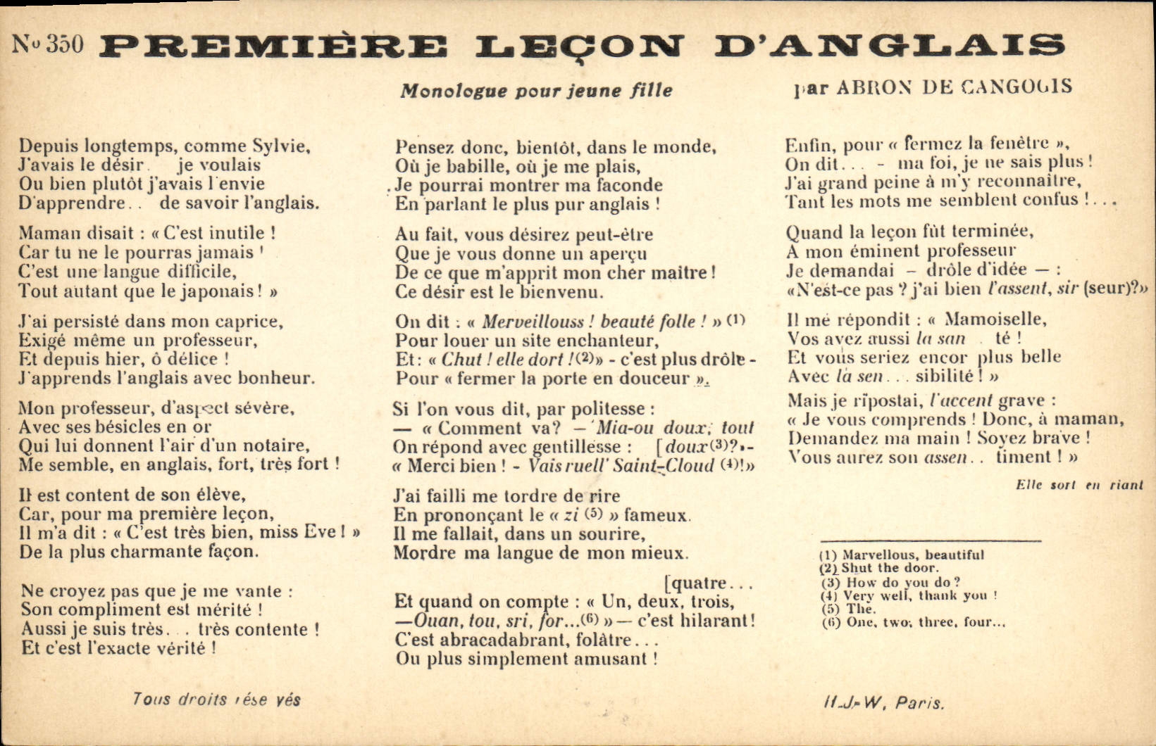 Vintage Postcard First lesson of English Abron de Cangolis