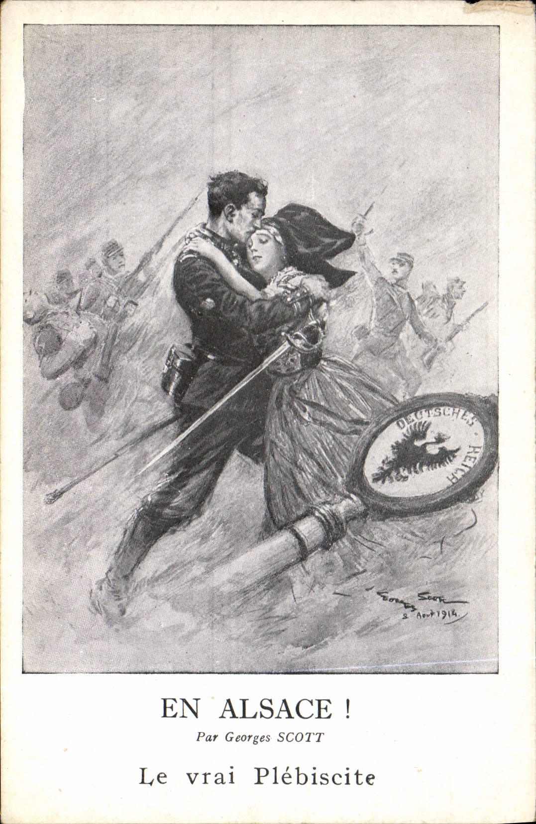 Postal Folclore Alsacia Georges Scott Le el verdadero plebiscito