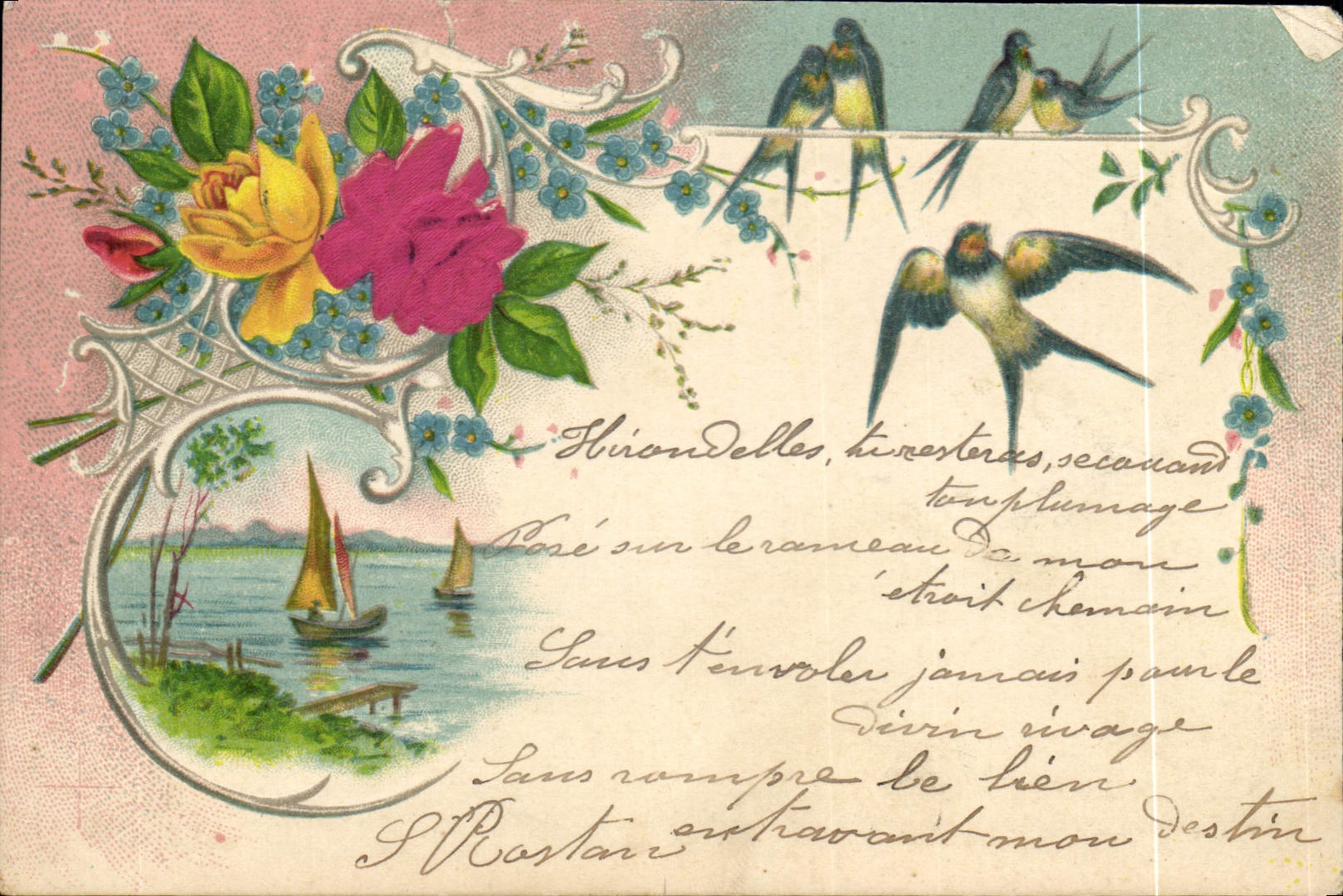 Vintage Postcard Fantasy Flowers Swallows Boat