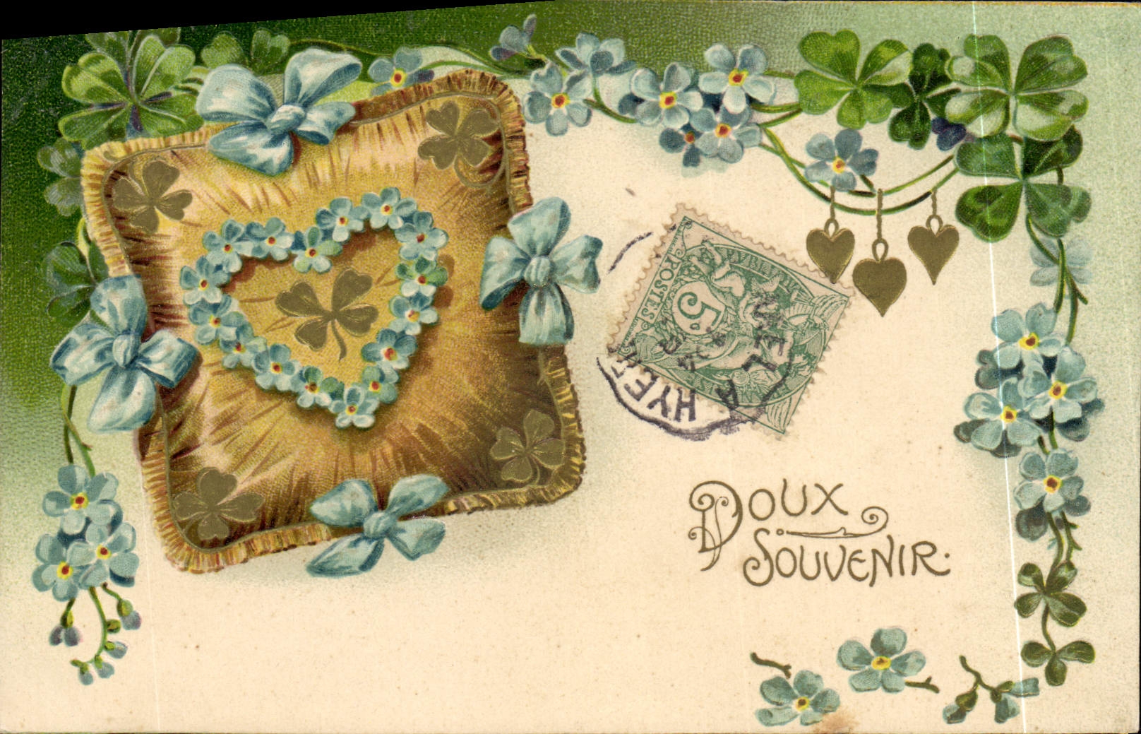 Vintage Postcard Fantasy Flowers Heart Clover