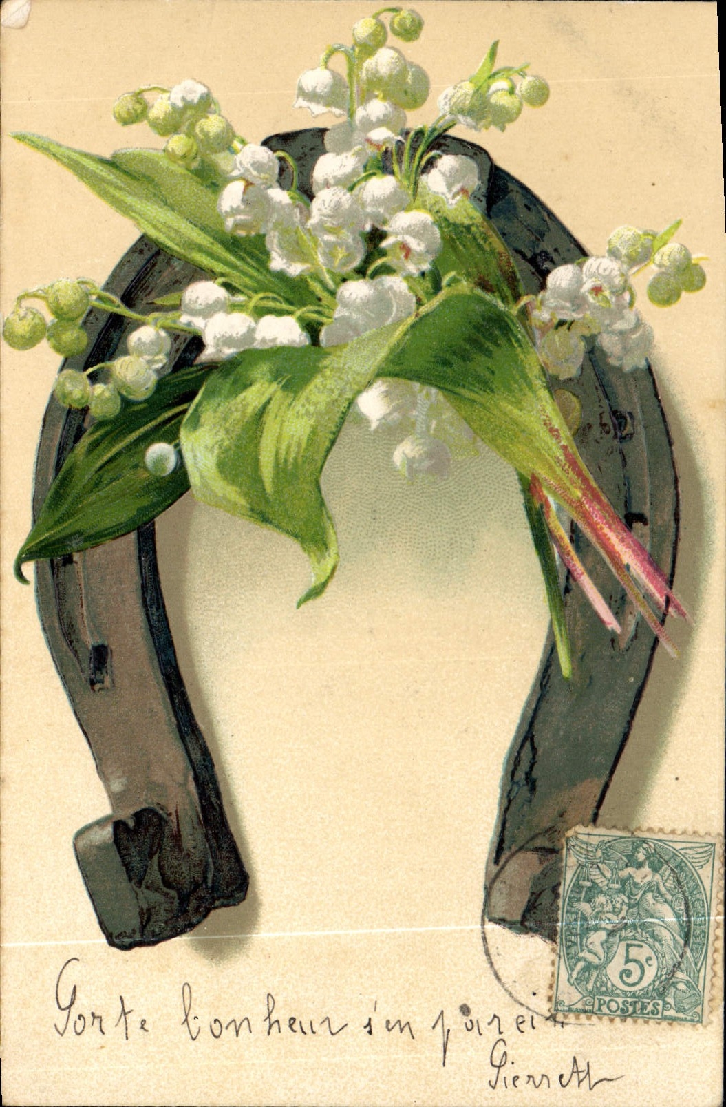 Vintage Postcard Fantaisie Flowers Lily of the valley Horseshoe
