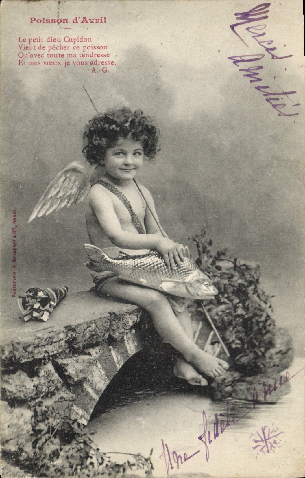 Vintage Postcard Fantasy Child Angel Poisson d' Avril