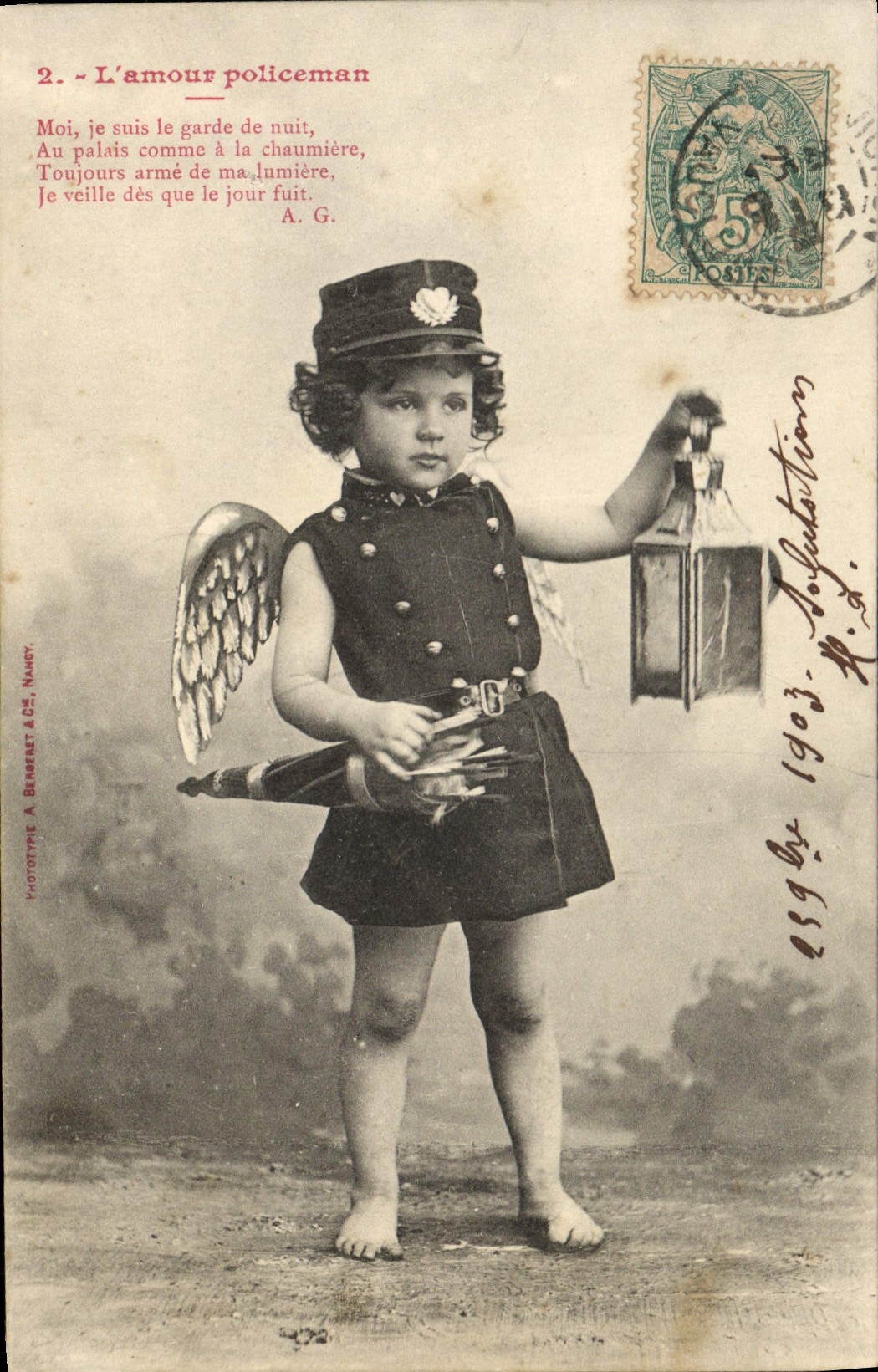 Vintage Postcard Fantaisie Child the love police officers Organizes Police Angel