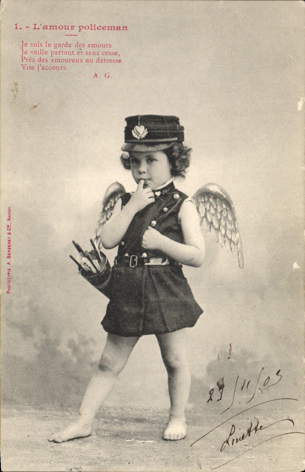 CPA Fantaisie Enfant L'amour Policeman Police Policier Ange