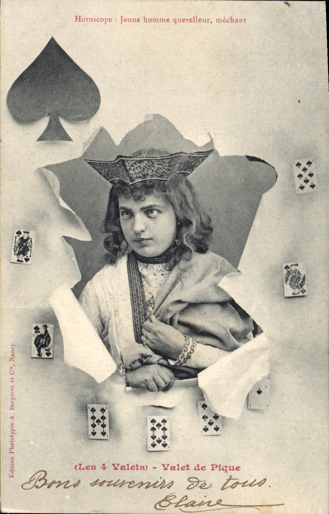 Vintage Postcard Fantasy Child Horoscope the 4 servants Knave of spades Charts