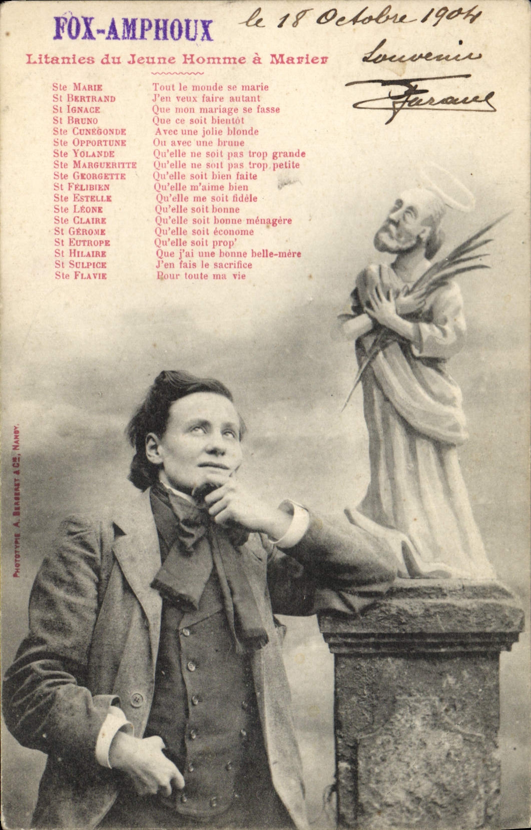 CPA Fantaisie Litanies du jeune homme a marier 