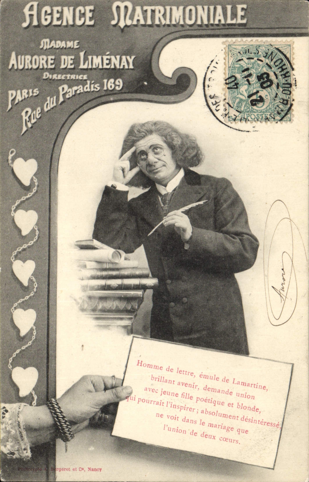 Vintage Postcard Fantaisie Arranges matrimonial Aurore of Limenay Rue of the Paris Paradise