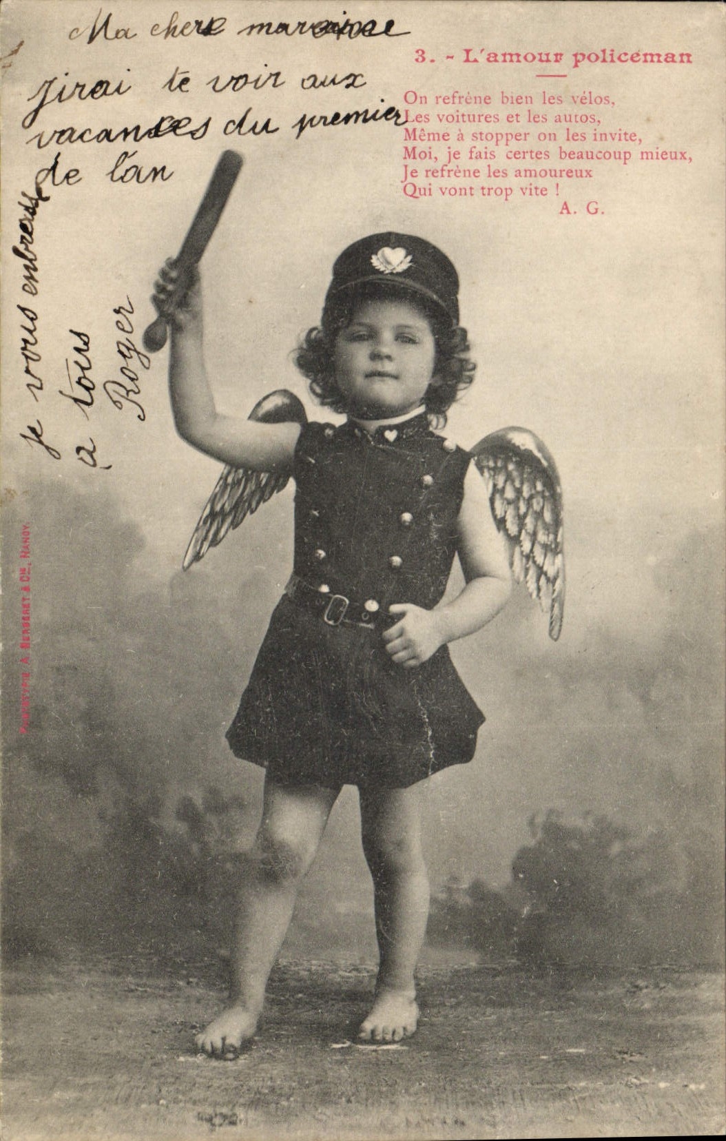 CPA Fantaisie Enfant L'amour policeman Police Policier Ange