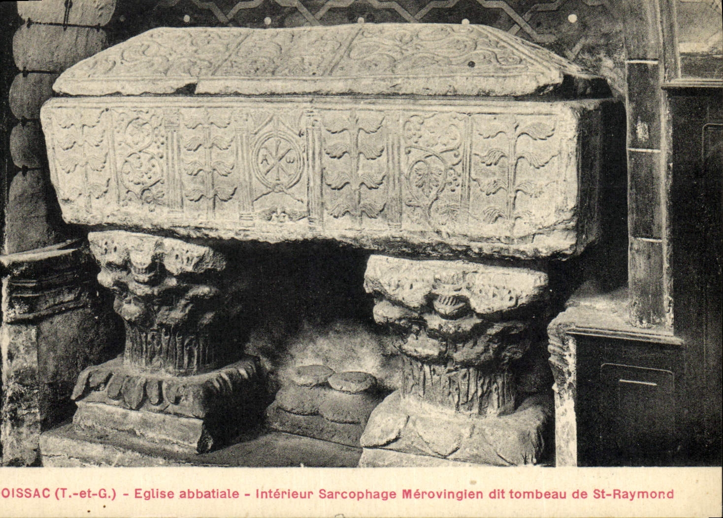 Vintage Postcard Moissac Abbey church Interior Merovingian sarcophagus said tomb of St Raymond