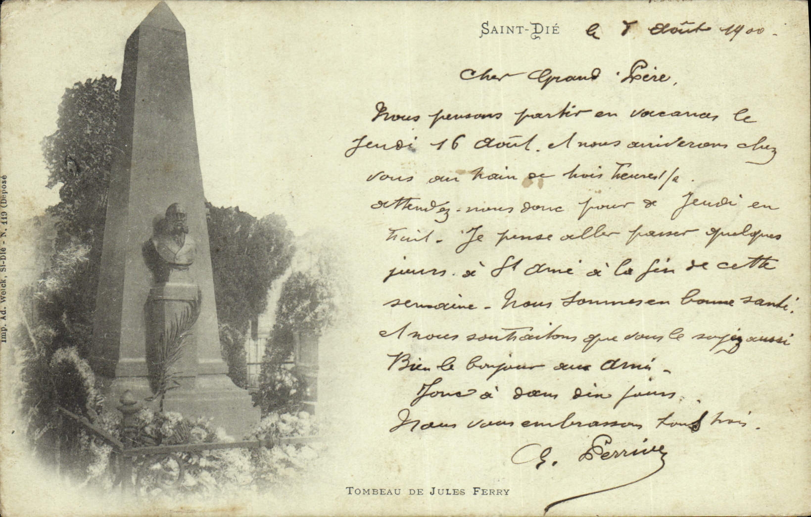 Vintage Postcard Saint Die Tomb of Jules Ferry