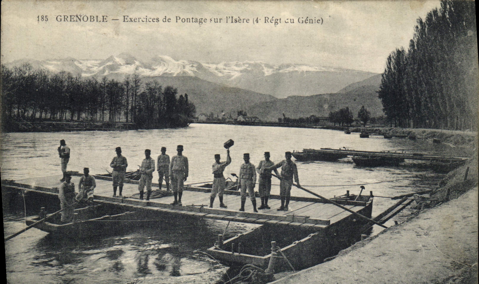 Vintage Postcard Militaria Grenoble Exercises of bridging on Isere 4th rgt of the Genius