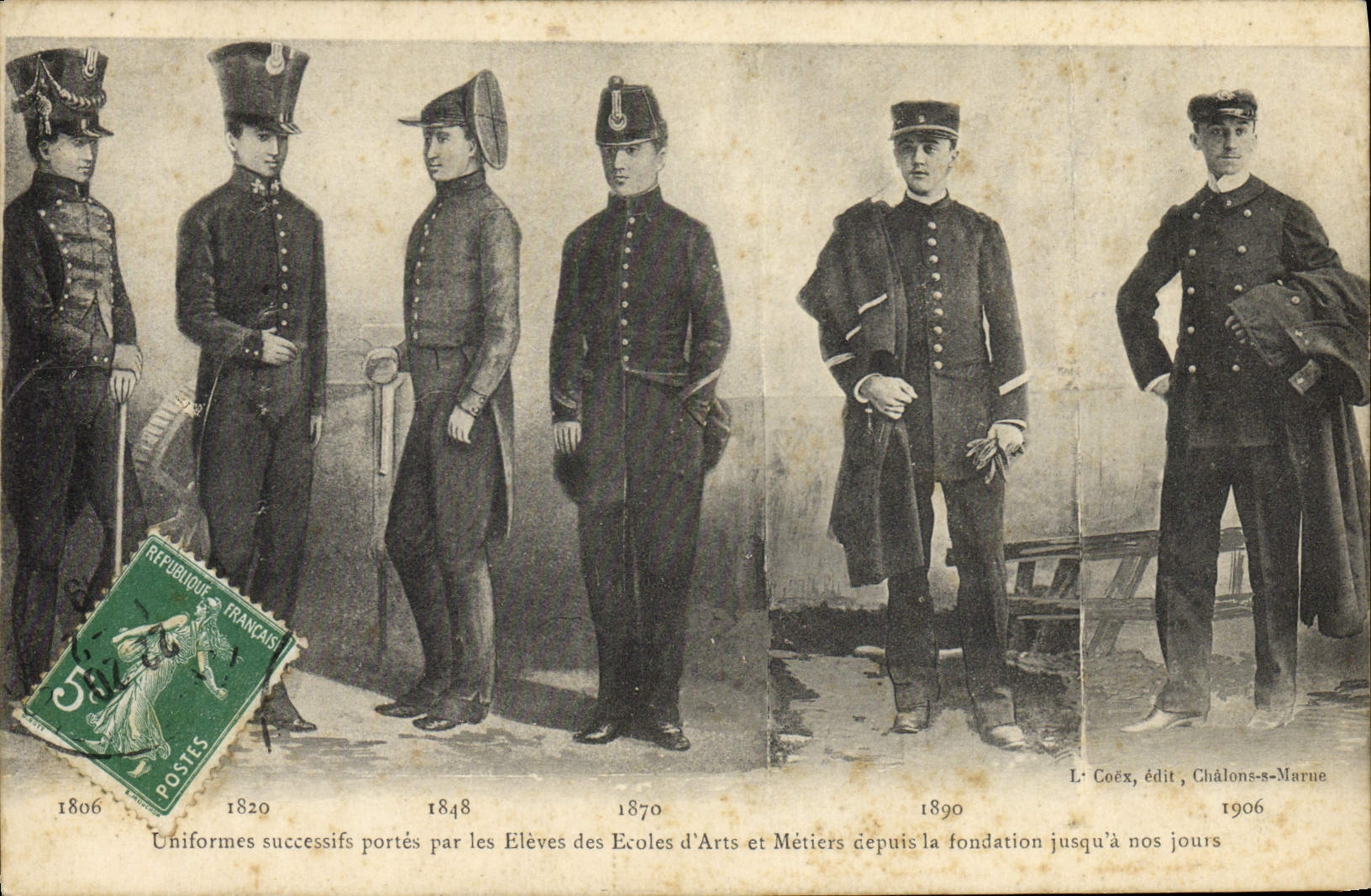 Postal Militaria Uniformes sucesivos puertas por el elevados de las Escuelas de Artes y Oficios