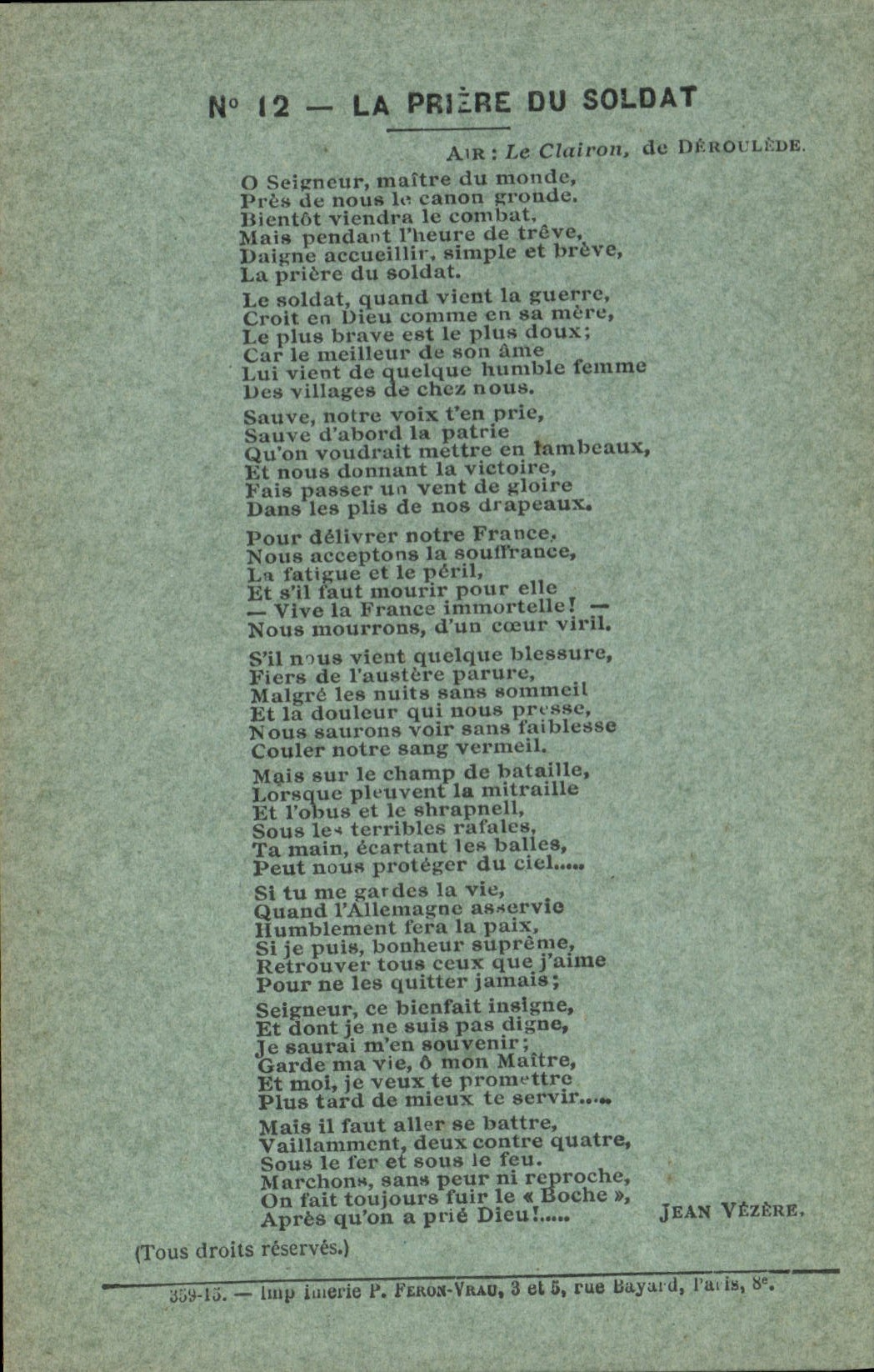 Vintage Postcard the prayer of the soldier Jean Vezere