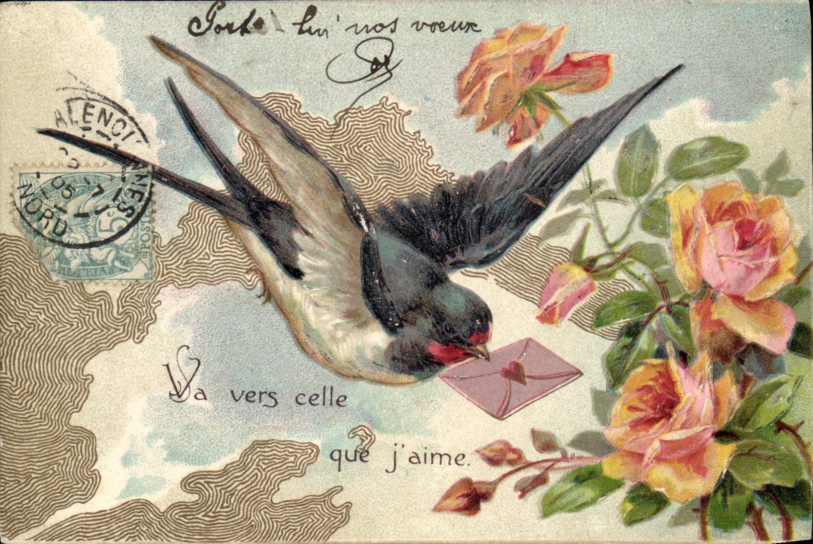 Vintage Postcard Fantasy Hirndelle Flowers